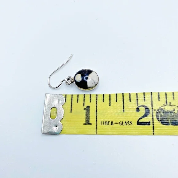 Sterling Silver Jasper Earrings Black White Dangle 1" - Picture 6 of 8